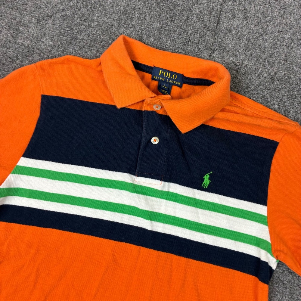 Polo Ralph Lauren Boys Size Large 14-16 Orange Striped Short Sleeve Polo Shirt